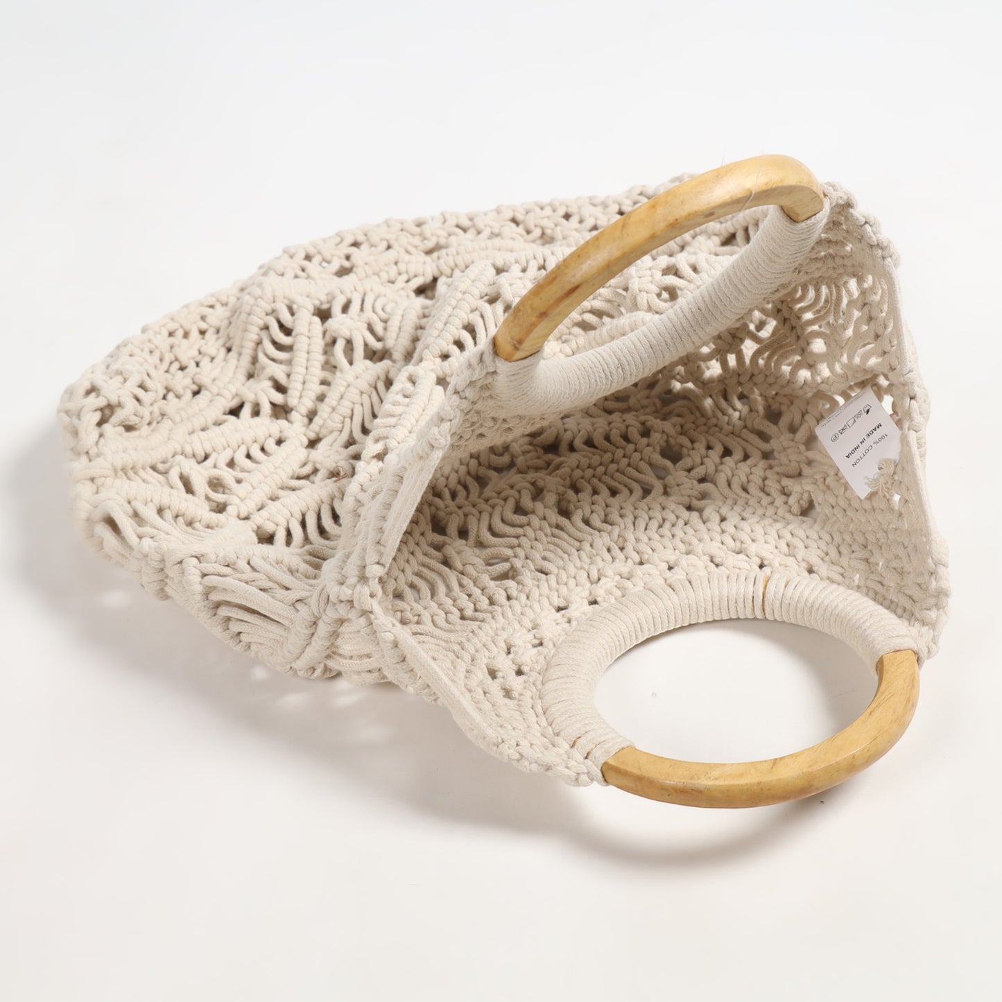 Hand Knotted Macrame Handbag With Wooden Handles