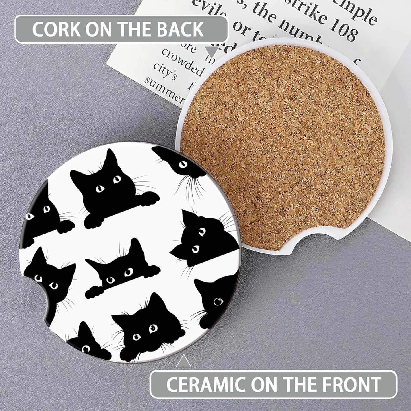Set of 4 Black Cat Ceramic Coasters – Playful Cat Design with Cork Backing