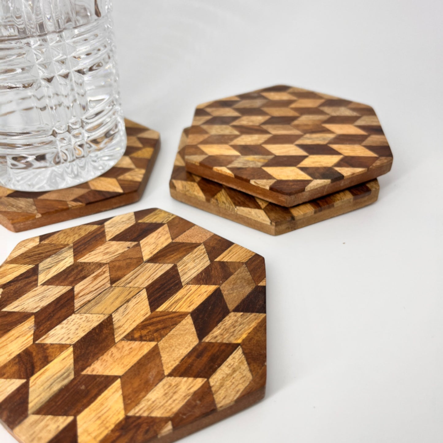 Geometric Handmade Hexagonal Wooden Coasters (set of 4)
