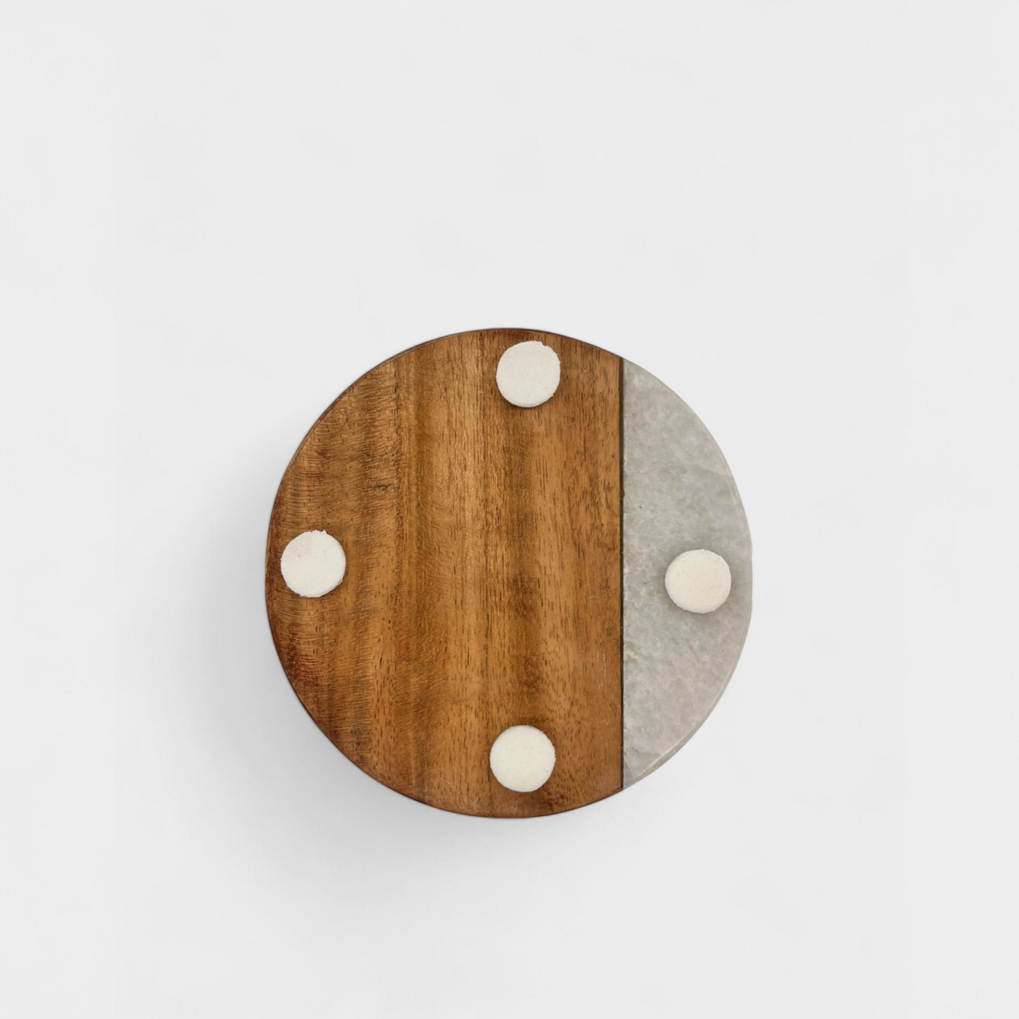 Hand Cut Mango Wood & White Marble Round Coasters (set of 4)