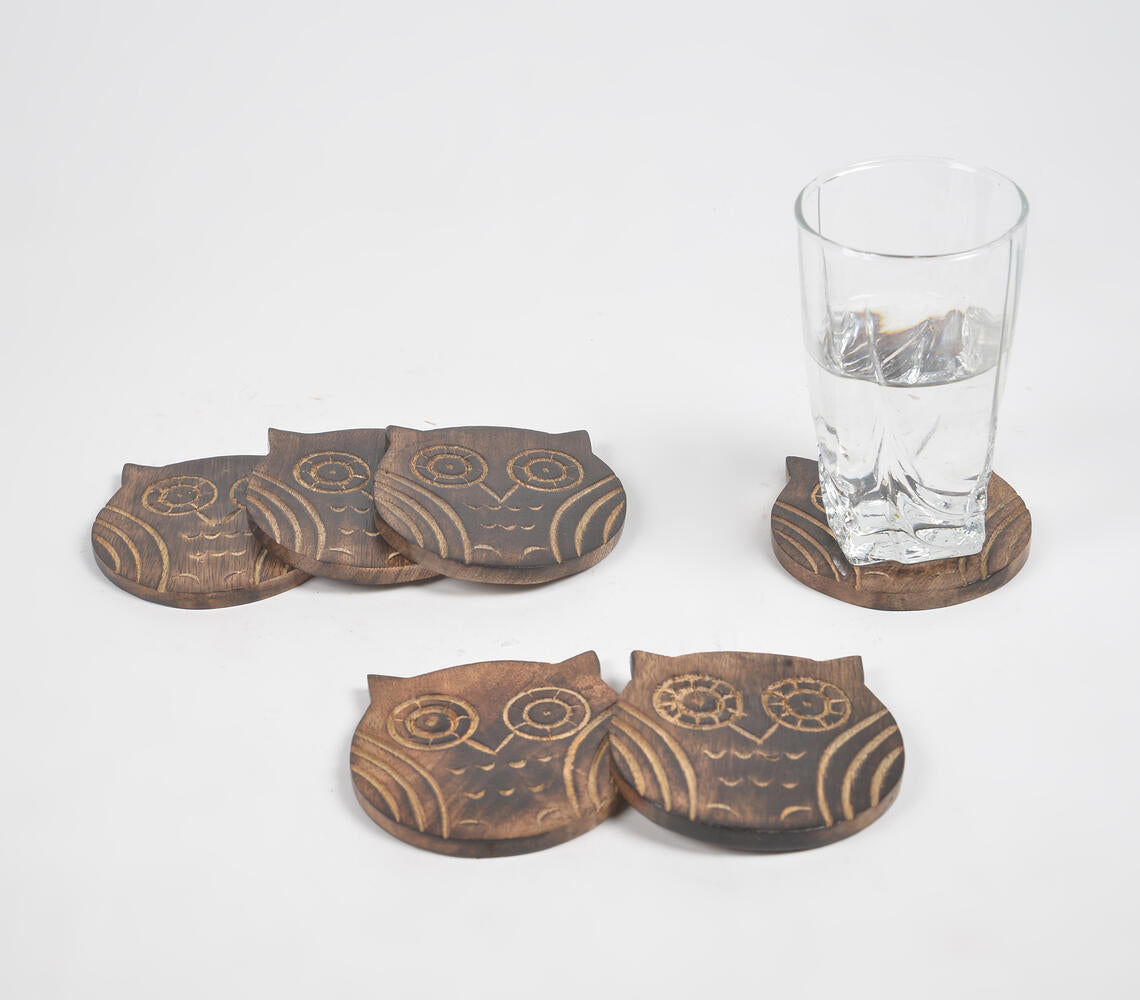 Hand Carved Wooden Owl Coasters (Set of 6)