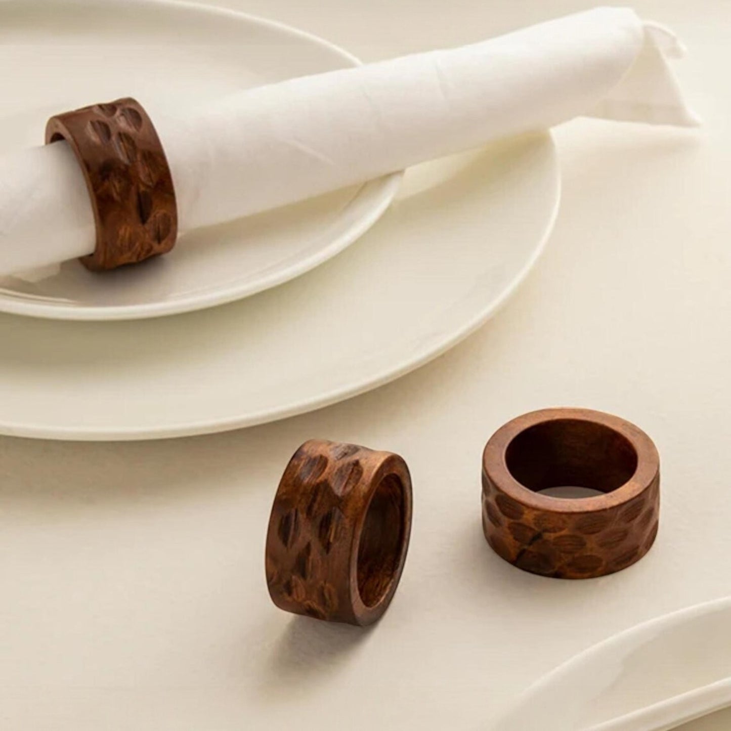 Hammered Mango Wood Napkin Rings (Set of 6)