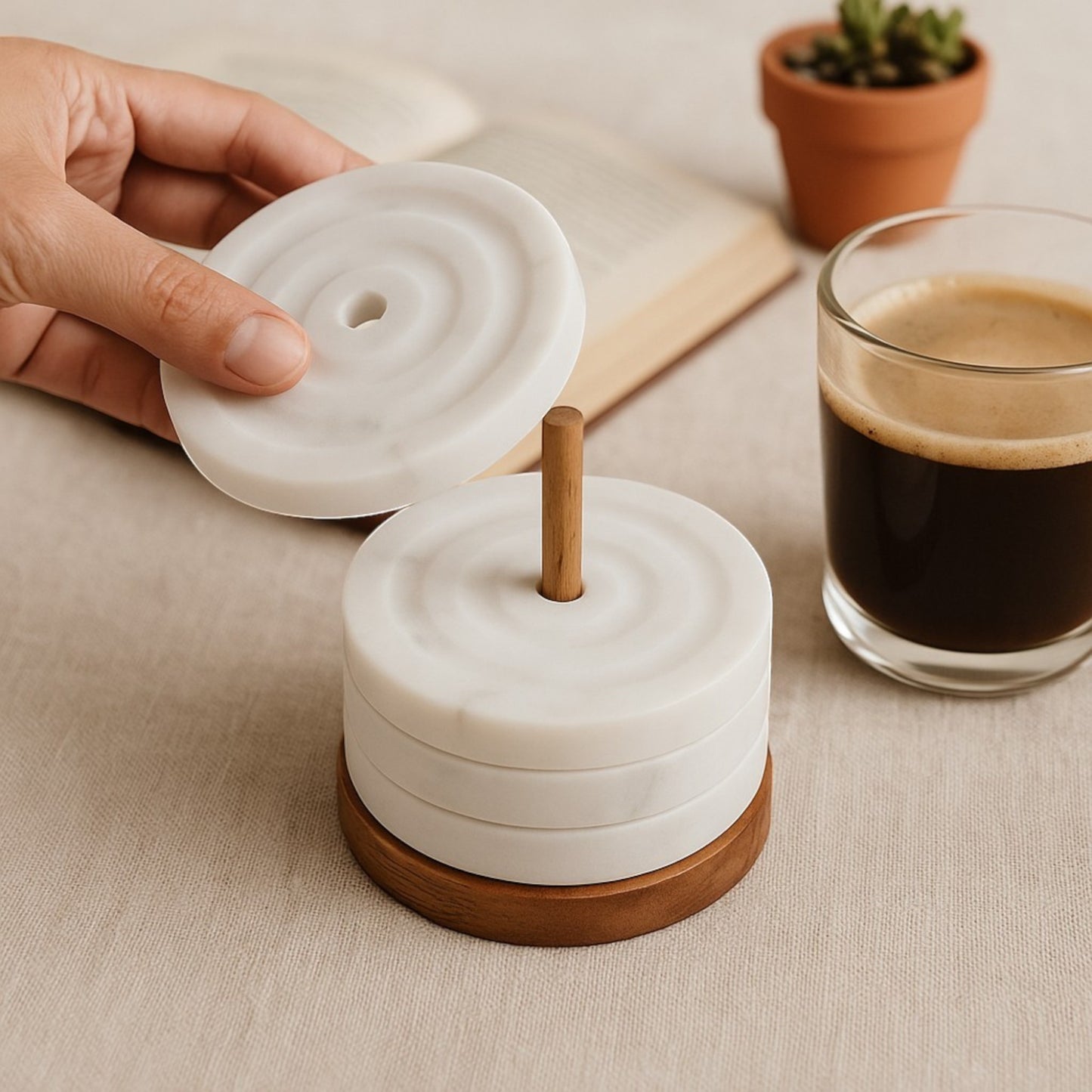 Turned Marble & Wood Coasters and Stand (set of 4)