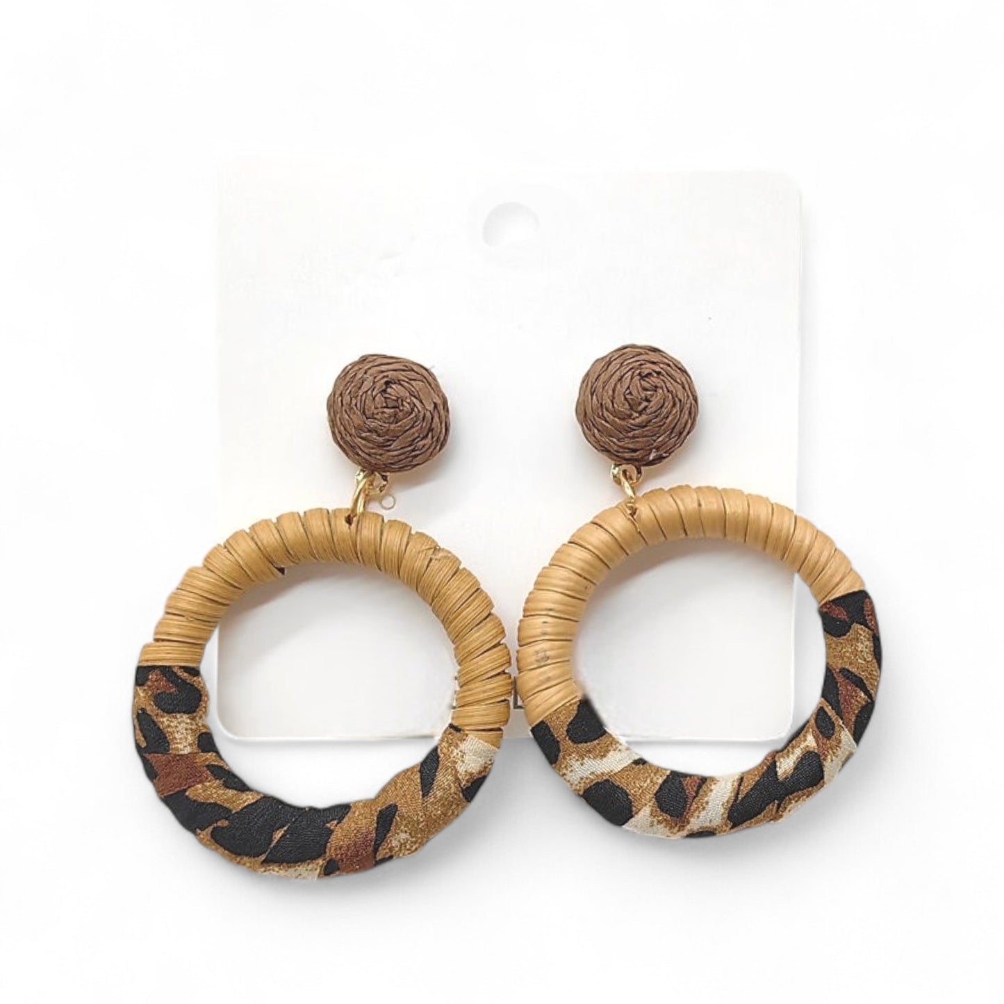 Boho Hoop Earrings with Rattan Wrap & Leopard Print Accent