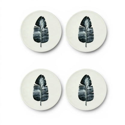 Minimalist Botanical Ceramic Coaster Set – Set of 4 Round Coasters (4" x 4")