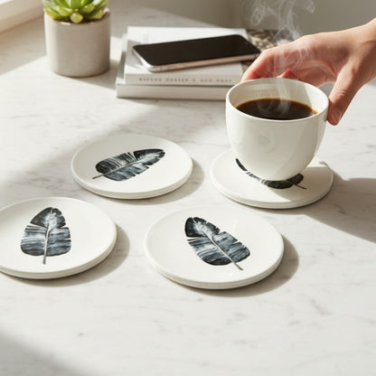 Minimalist Botanical Ceramic Coaster Set – Set of 4 Round Coasters (4" x 4")
