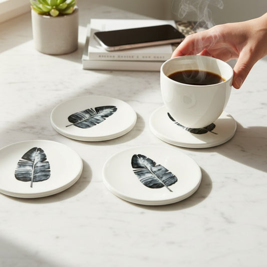 Minimalist Botanical Ceramic Coaster Set – Set of 4 Round Coasters (4" x 4")