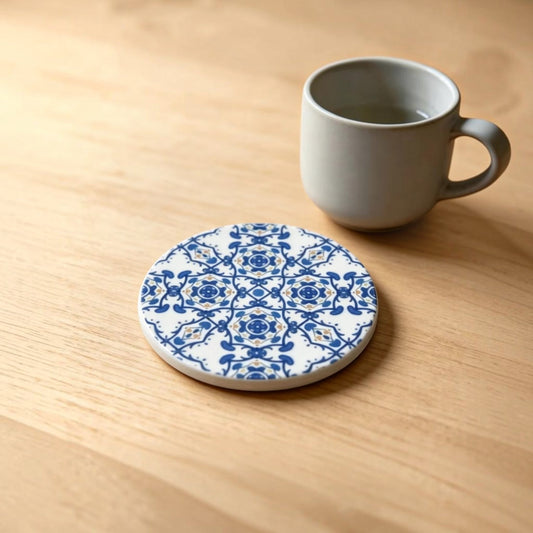 Set of 4 Blue Mediterranean Ceramic Coasters – Portuguese Tile Design with Cork Backing