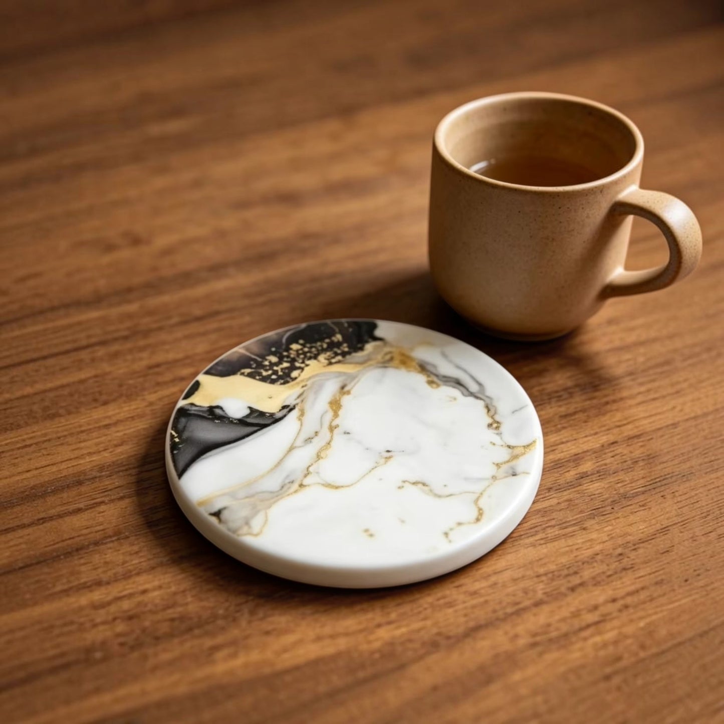 Set of 4 Black & Gold Marble Design Ceramic Coasters – with Cork Backing