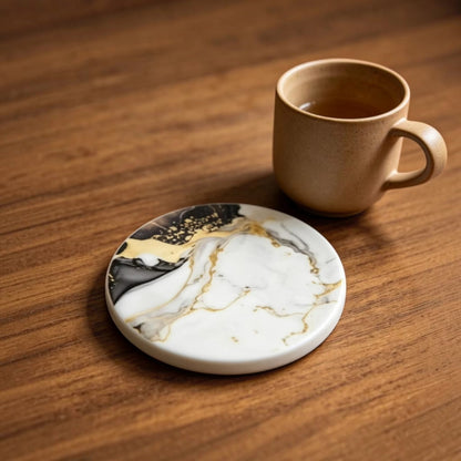 Set of 4 Black & Gold Marble Design Ceramic Coasters – with Cork Backing