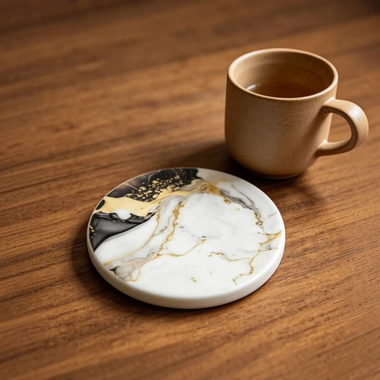 Set of 4 Black & Gold Marble Design Ceramic Coasters – with Cork Backing