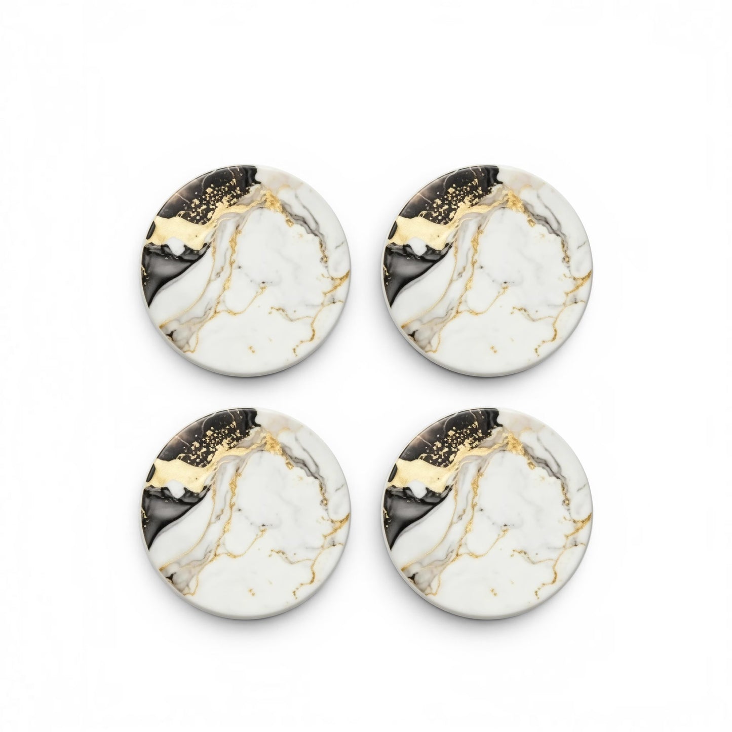 Set of 4 Black & Gold Marble Design Ceramic Coasters – with Cork Backing