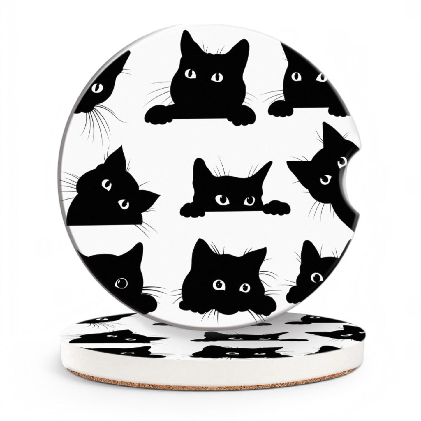 Set of 4 Black Cat Ceramic Coasters – Playful Cat Design with Cork Backing