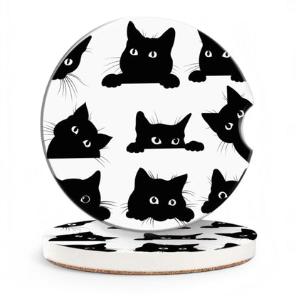 Set of 4 Black Cat Ceramic Coasters – Playful Cat Design with Cork Backing