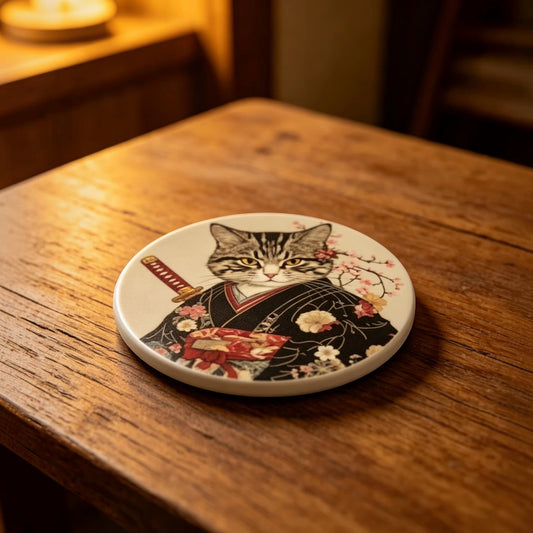 Cat-themed coaster with a samurai design on a wooden surface