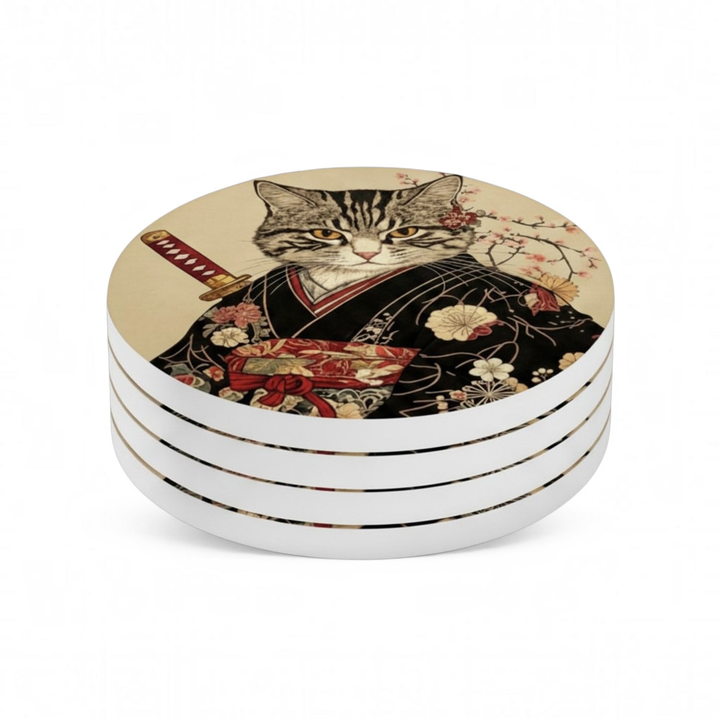 Samurai Cat Ceramic Coaster Set of 4 (4" x 4")