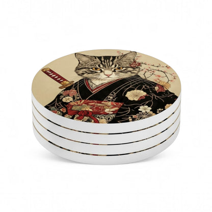 Samurai Cat Ceramic Coaster Set of 4 (4" x 4")