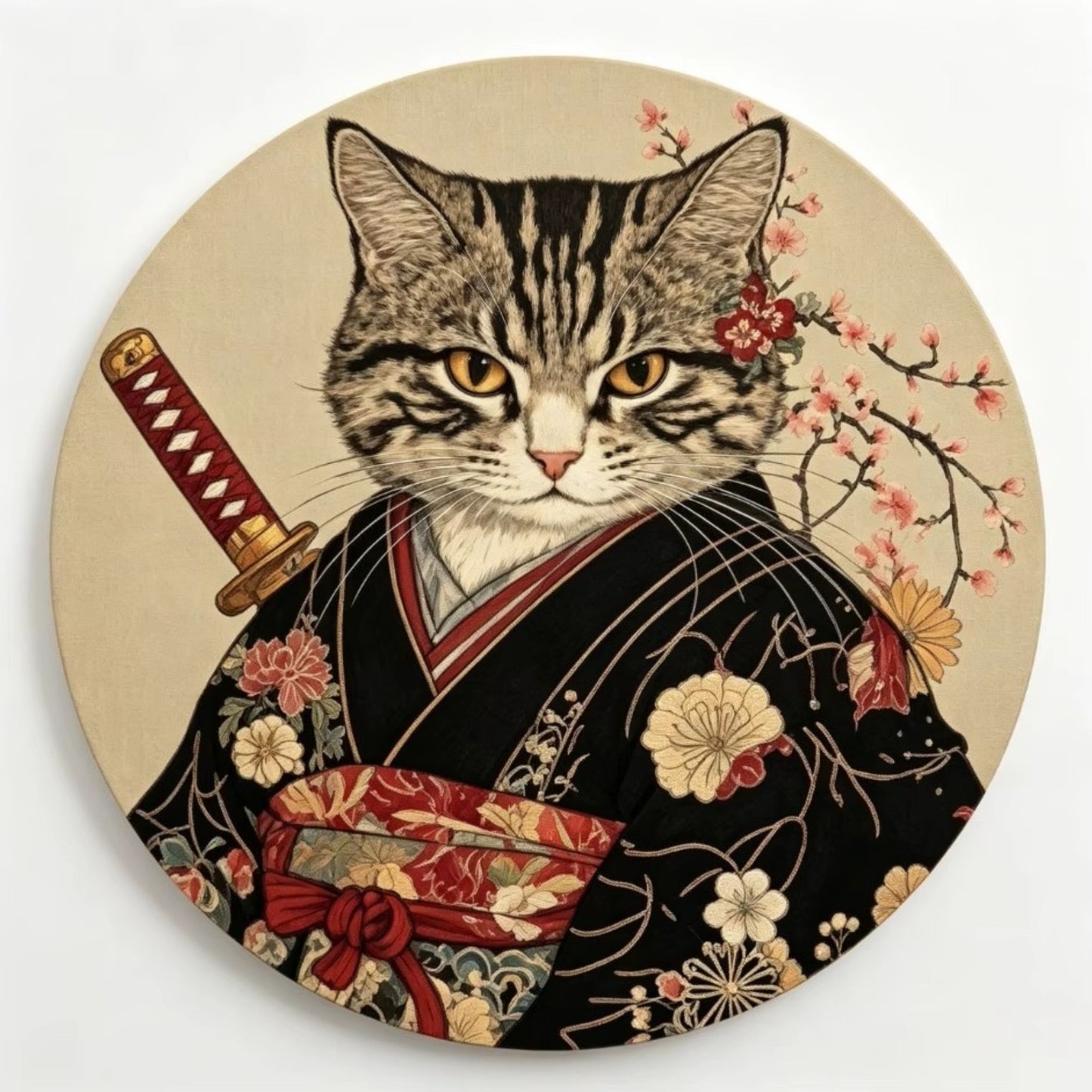 Samurai Cat Ceramic Coaster Set of 4 (4" x 4")