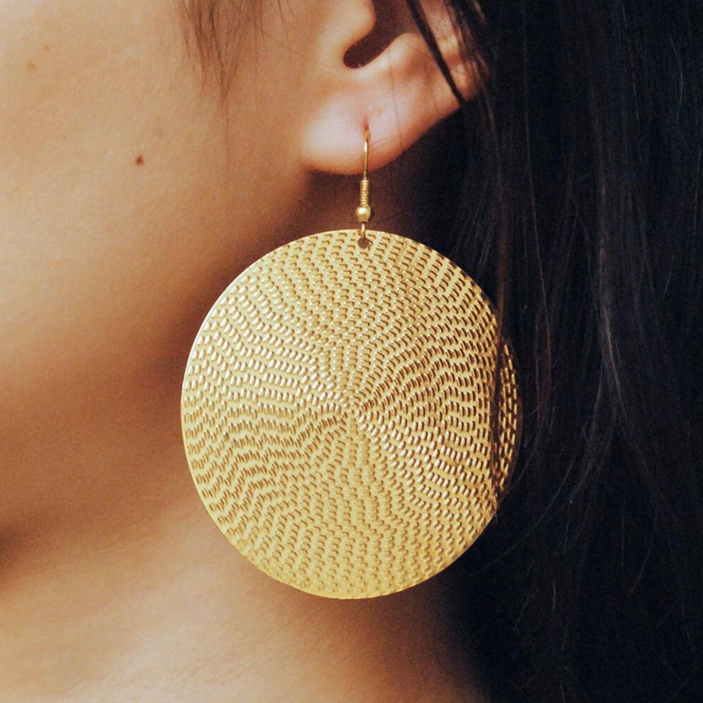 Gold-toned Embossed Metal Disc Dangle Earrings