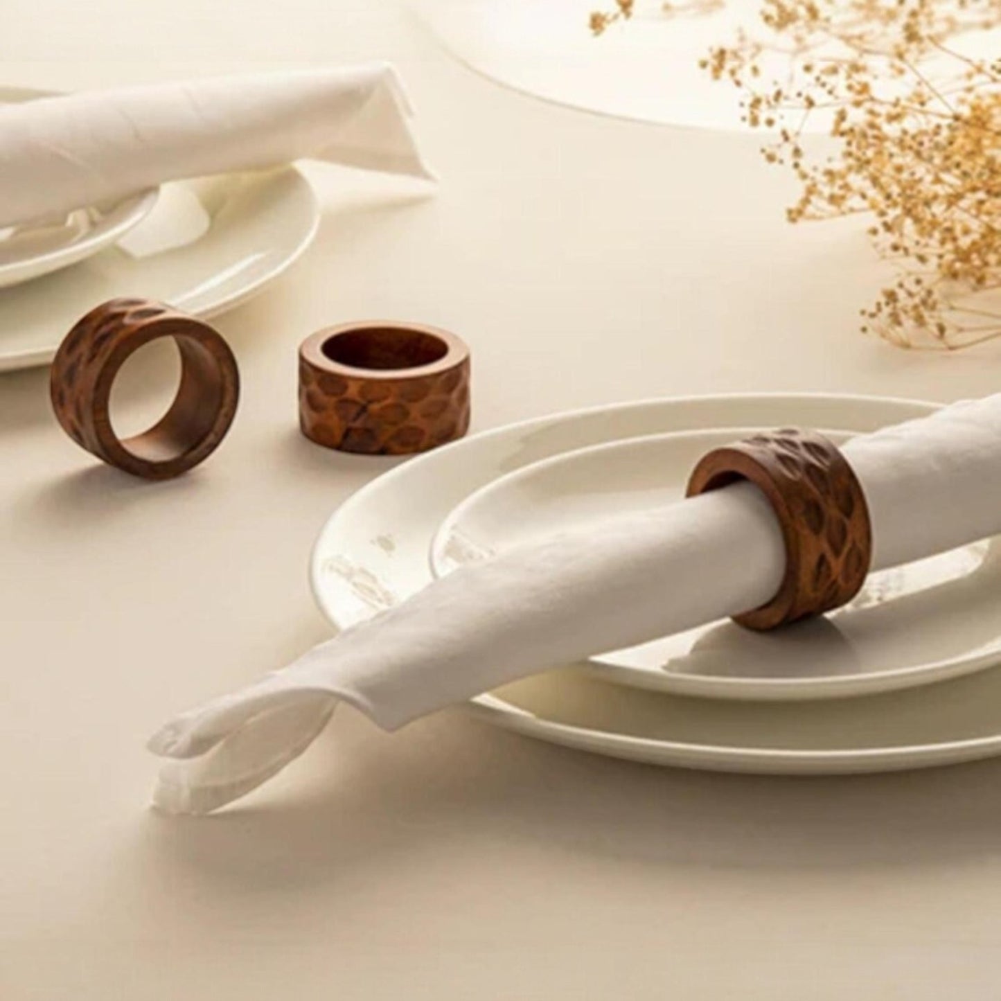 Hammered Mango Wood Napkin Rings (Set of 6)