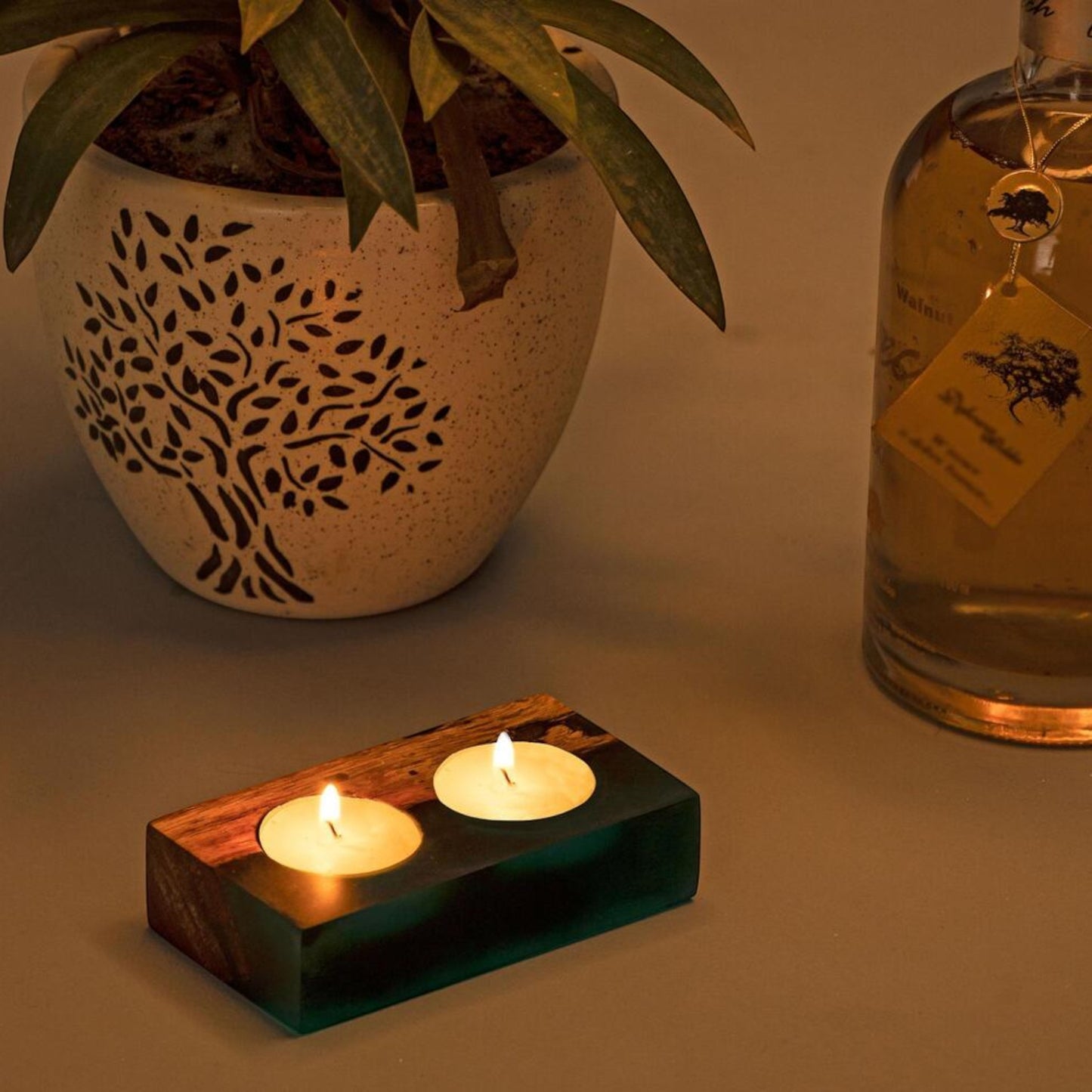 Sleek Handmade Acacia Wood Tea Light Holder