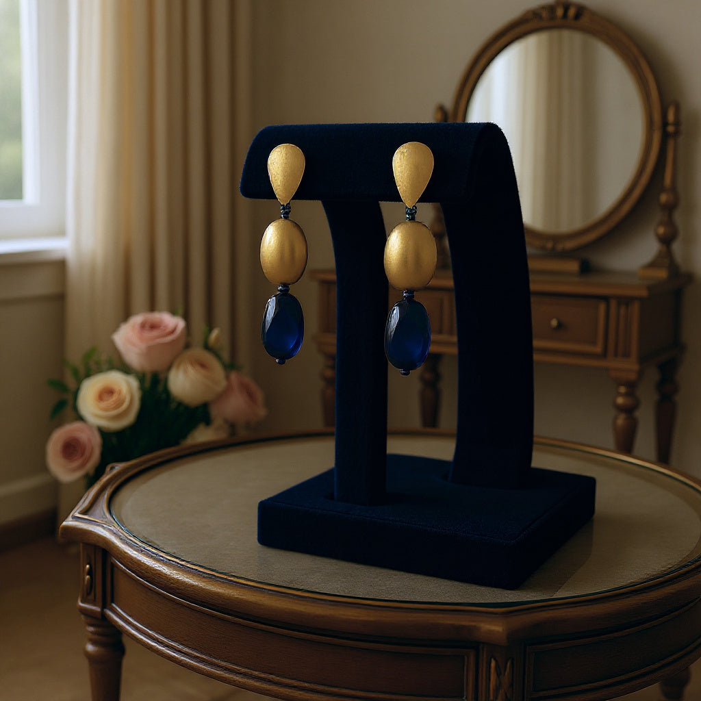 18K Gold-Plated & Navy Bead Drop Earrings