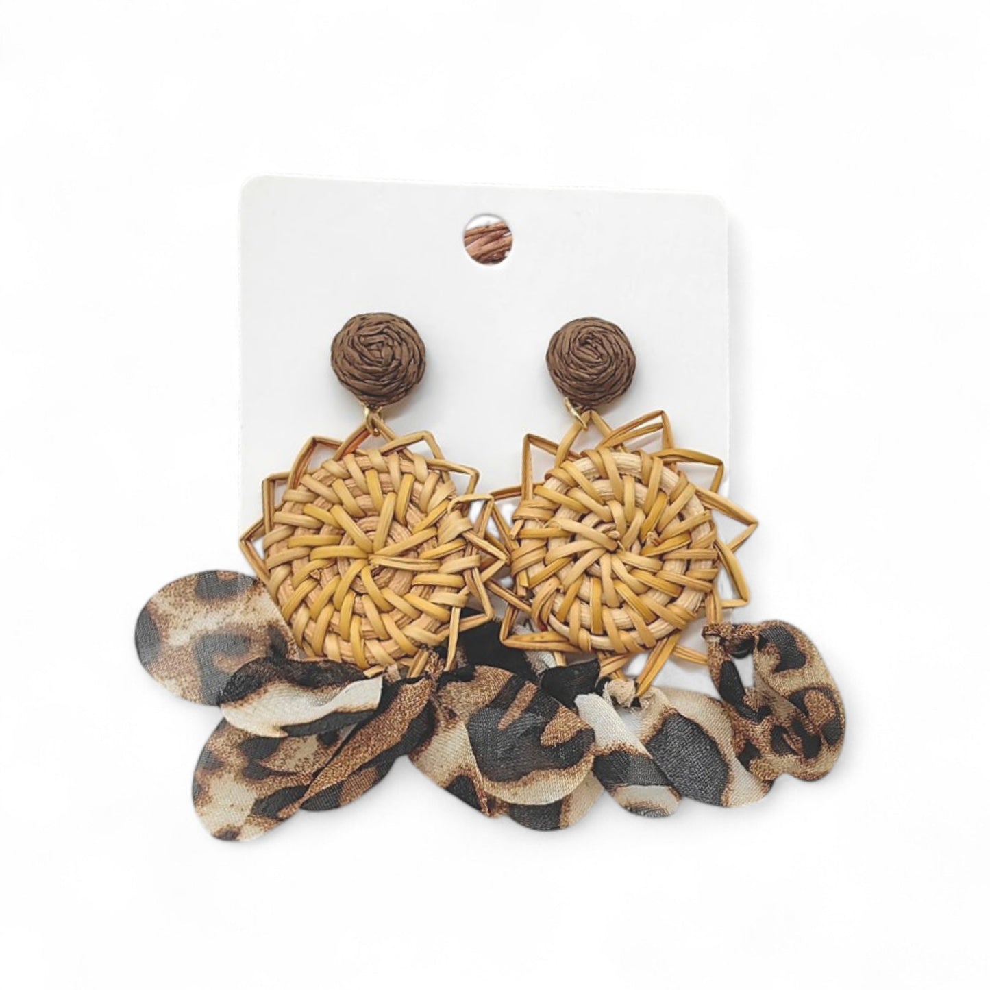 Boho Rattan & Leopard Print Statement Drop Earrings