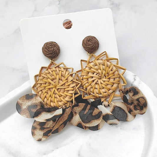 Boho Rattan & Leopard Print Statement Drop Earrings