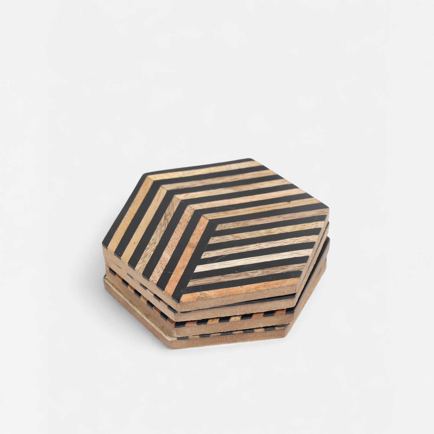 Hexagonal Striped Wood and Resin Coasters