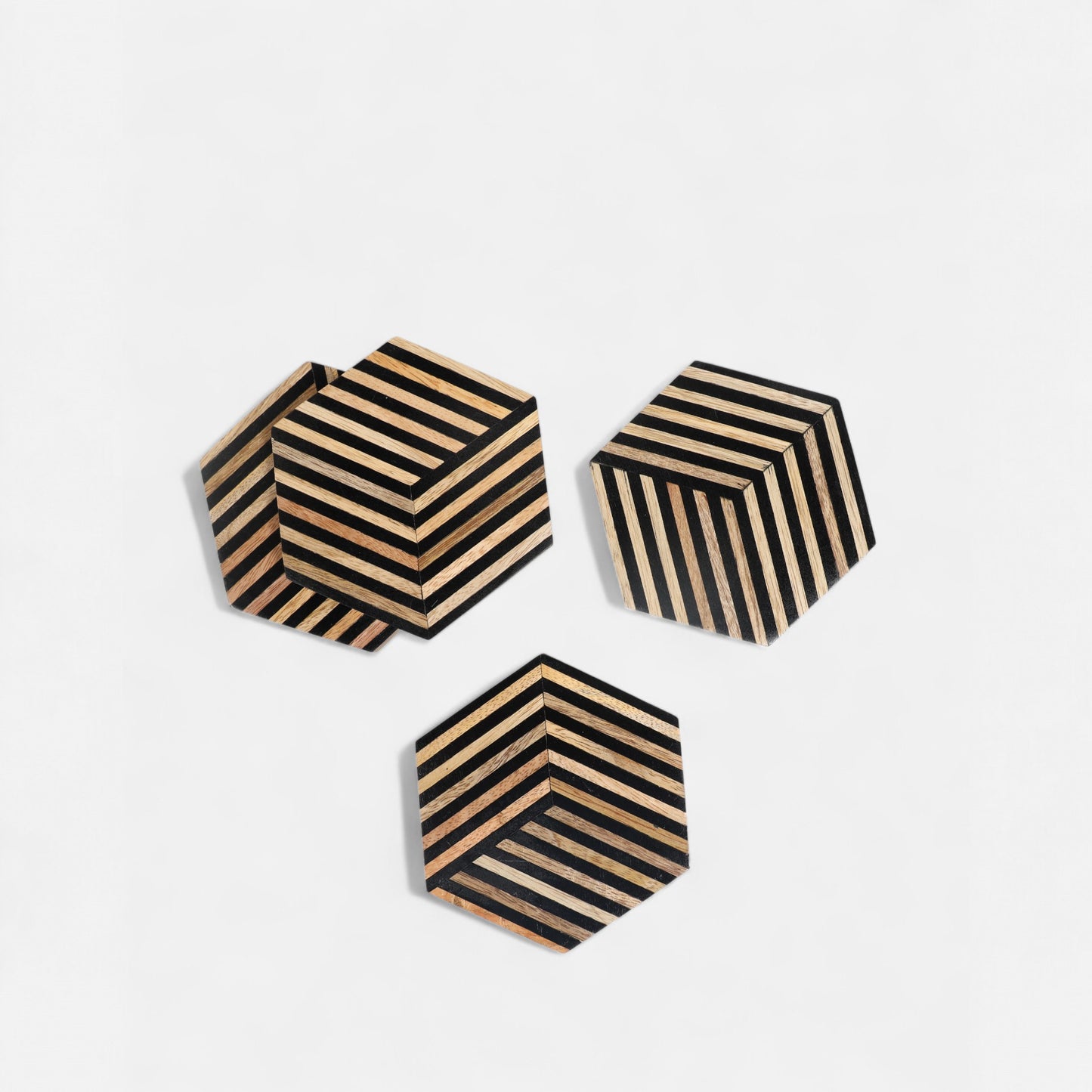 Hexagonal Striped Wood and Resin Coasters