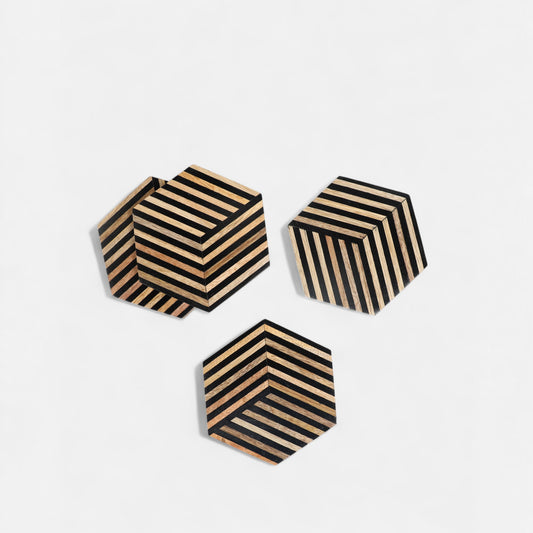 Hexagonal Striped Wood and Resin Coasters