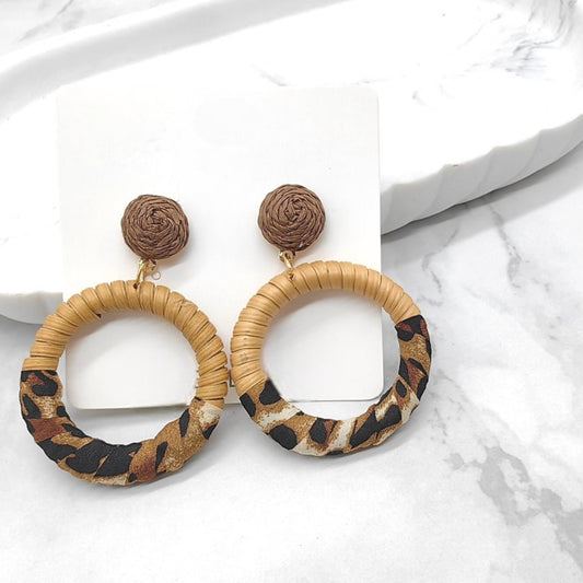 Boho Hoop Earrings with Rattan Wrap & Leopard Print Accent